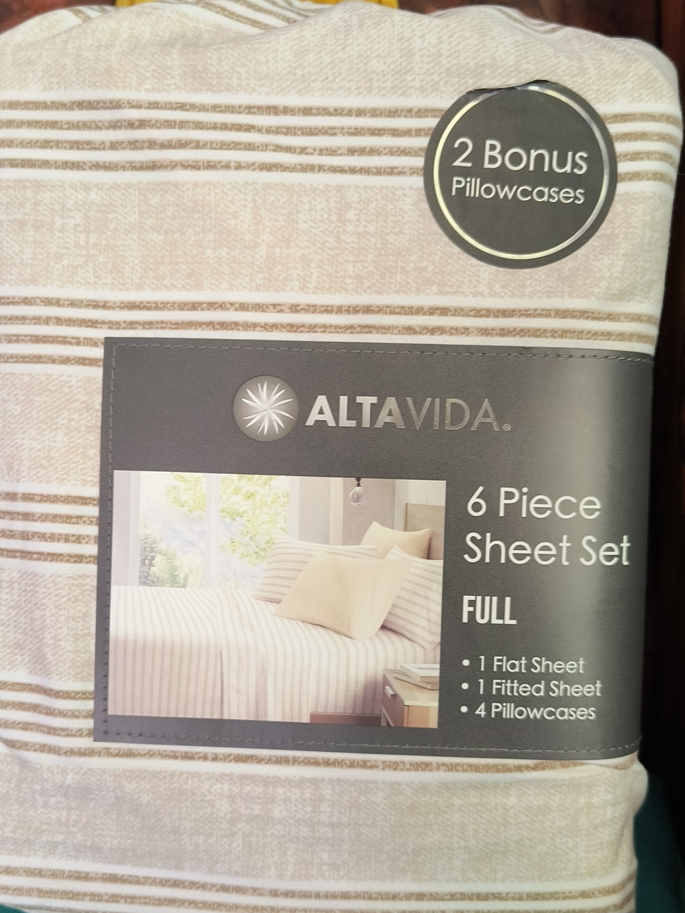 Full 6-Piece Beige Stripe Sheet Set with Bonus Pillowcases
